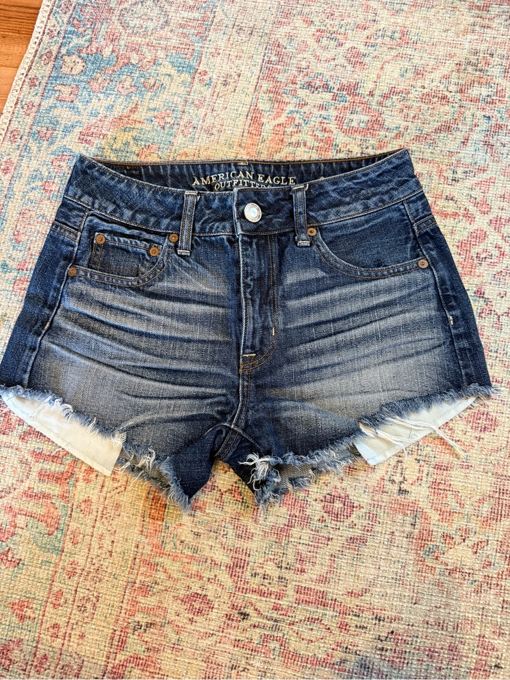American Eagle Outfitters Dark Indigo Frayed Hem Denim Hi Rise Festival Shorts